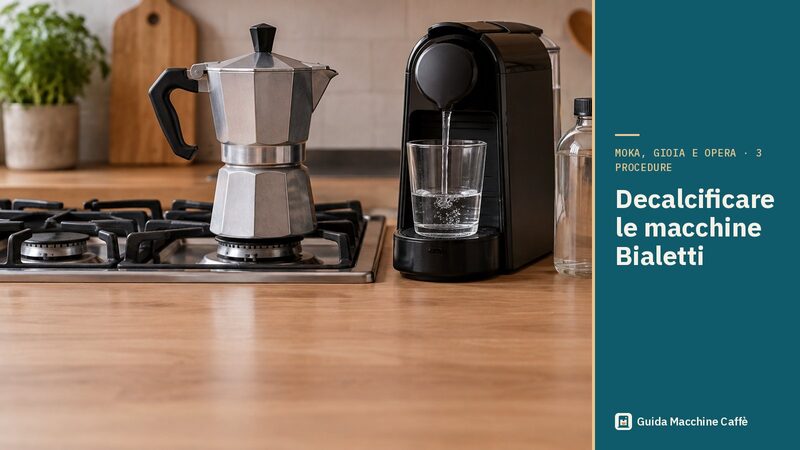 Illustrazione per decalcificare le macchine Bialetti: moka in alluminio e macchina a capsule che eroga acqua calda
